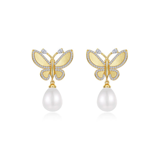 statement butterfly with cultured freshwater pearl drop earrings