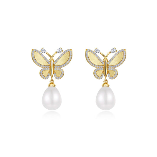 statement butterfly with cultured freshwater pearl drop earrings