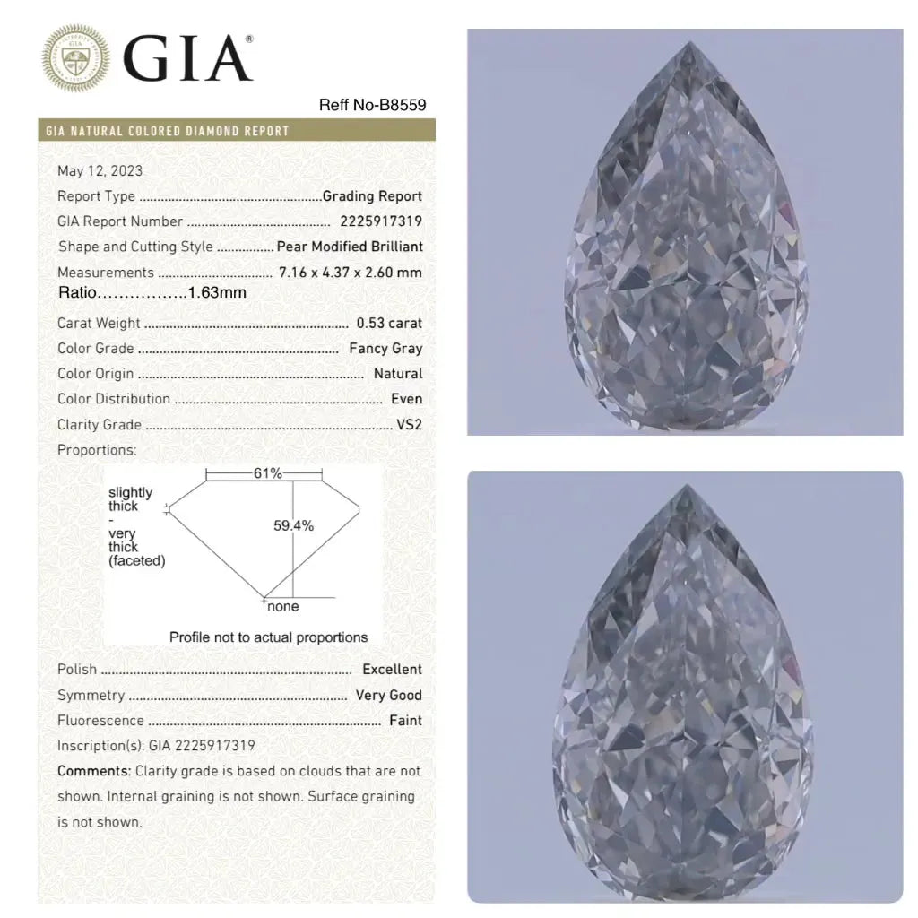 0.53ct Pear Natural Diamond (Colour Fancy Gray, Clarity VS2, GIA Certified)