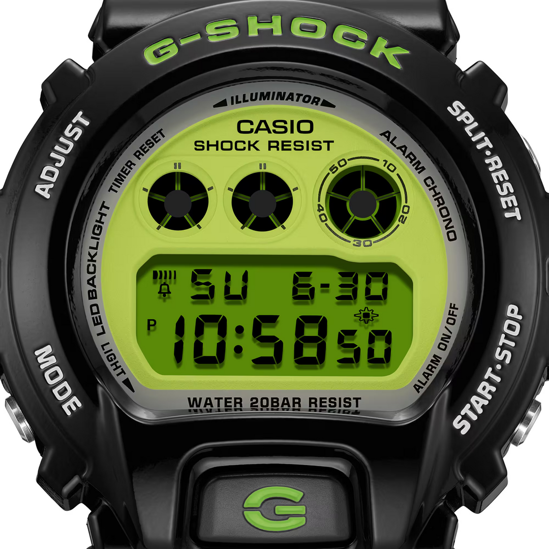 G Shock DW6900RCS 1 Vibrant Lime Green Dial Triple Graph Buy G Shock watches at Safe Jewelers