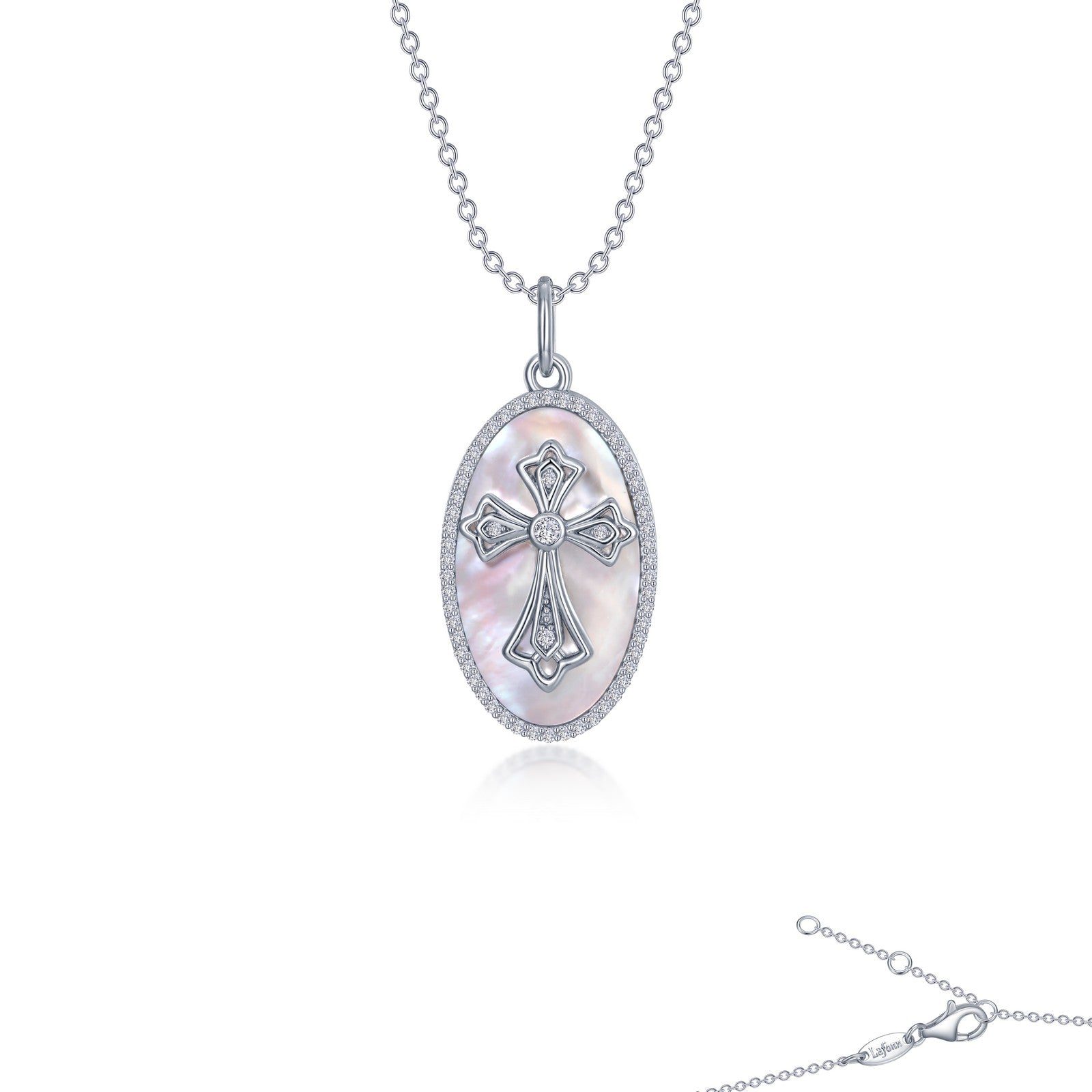 cross on mother of pearl disc necklace