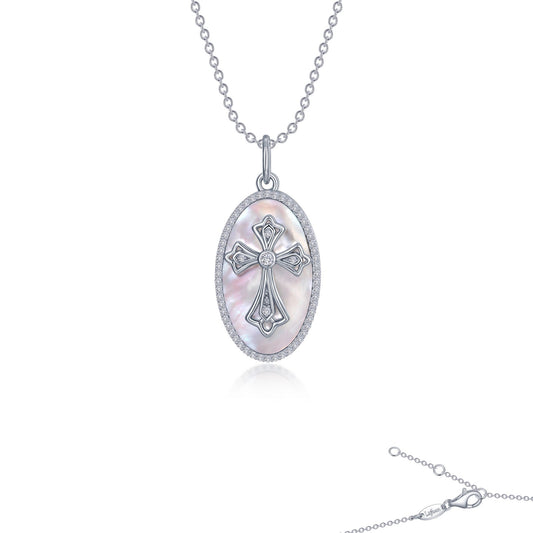 cross on mother of pearl disc necklace